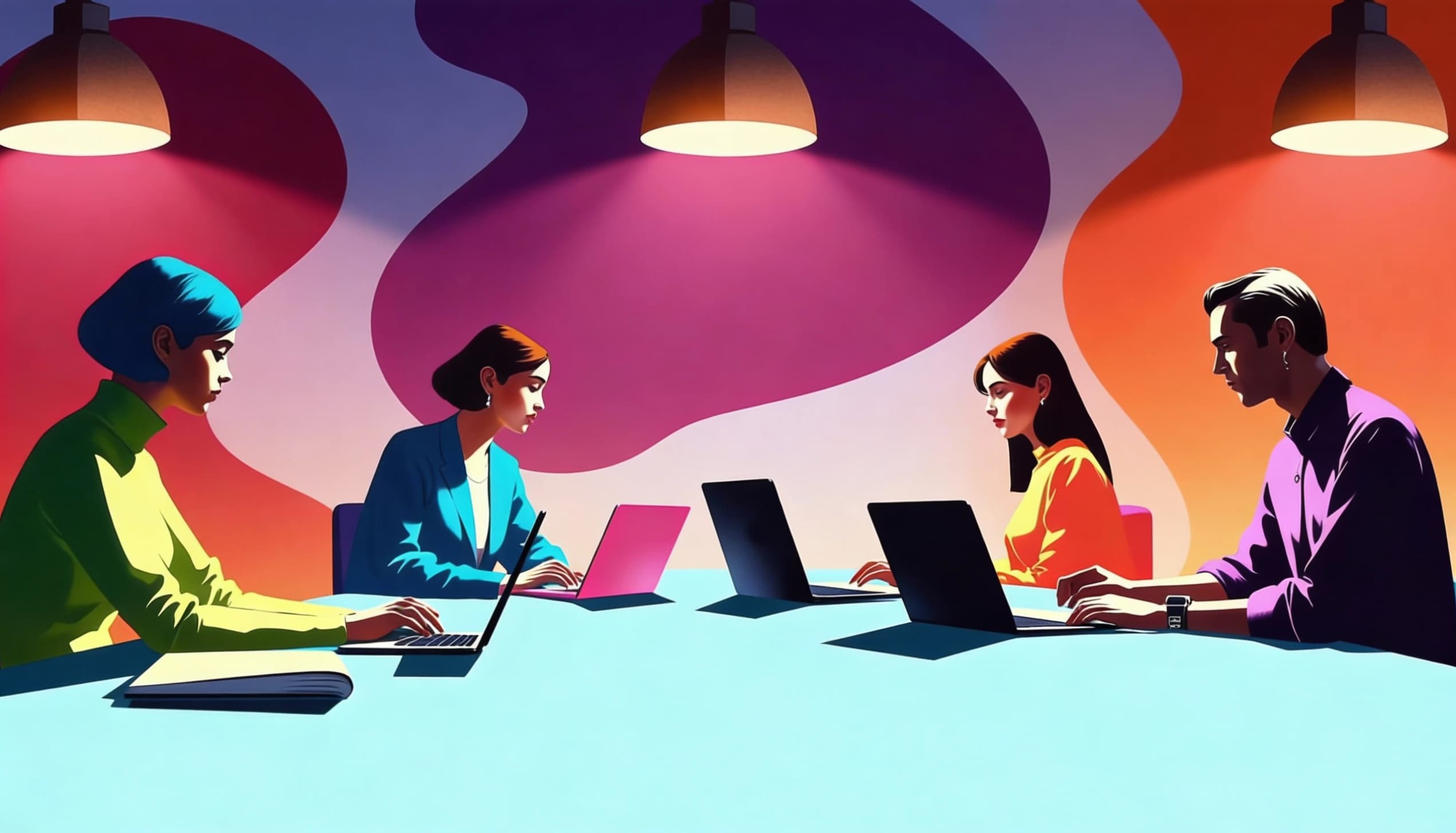 Team working together in a colorful office